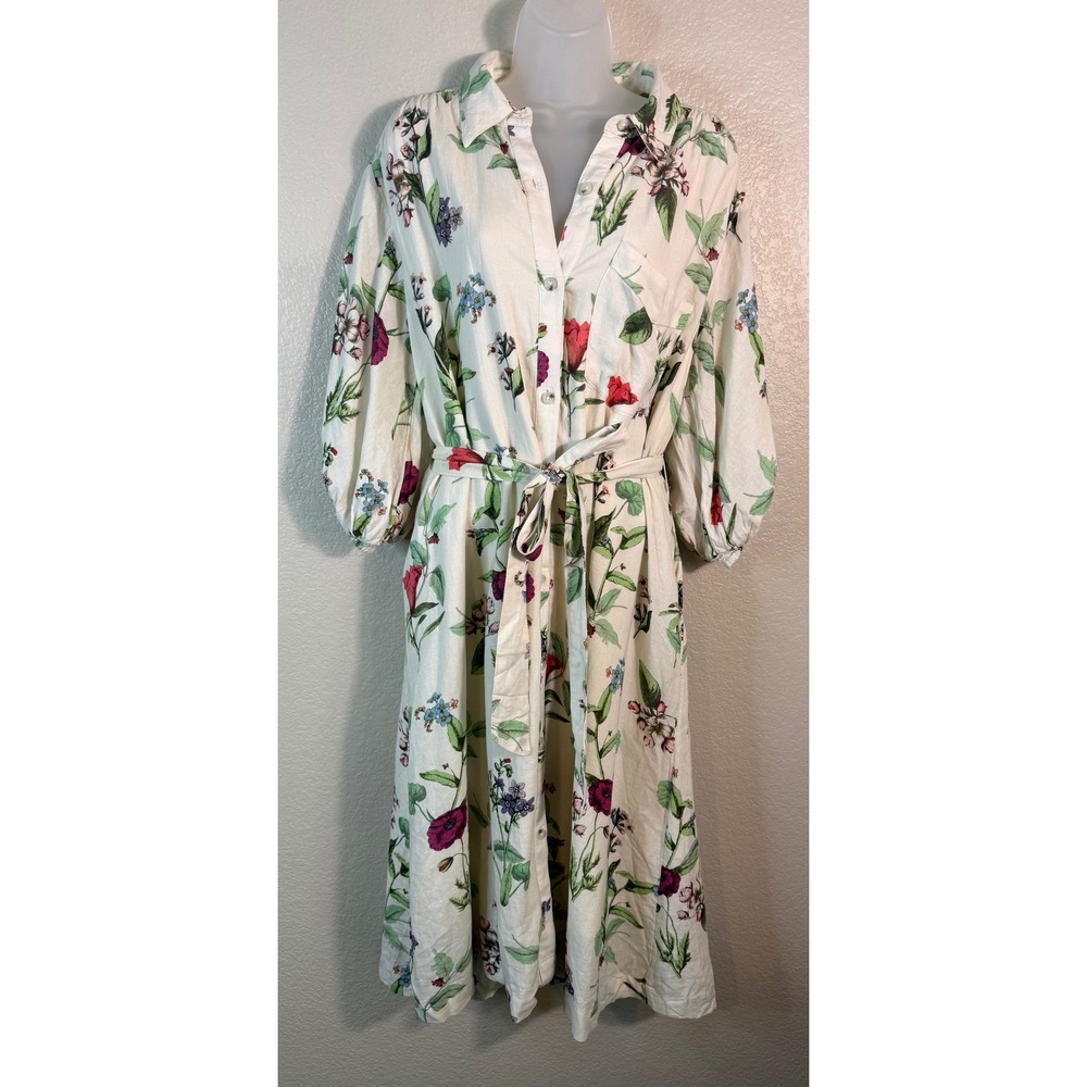 Maeve Womens L Mona Linen Shirt Dress Floral Belted Puff Sleeve Button Down